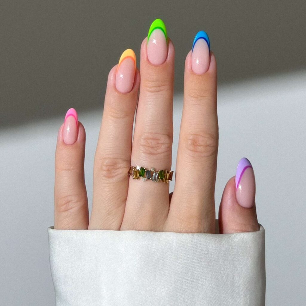 25 Summer Nail Designs 2025: Bright, Cute & Colorful Inspo 2 Neon Rainbow Tips