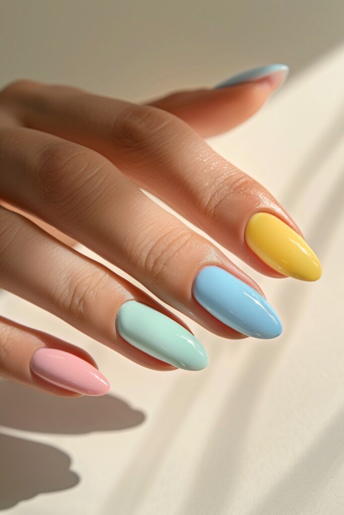 Popular Fall Nail Colors 2025–2026 You’ll Be Obsessed With 4 Pastel Multicolor Almond Manicure
