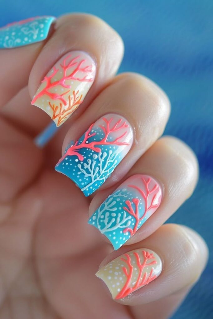 25 Summer Nail Designs 2025: Bright, Cute & Colorful Inspo 23 Coral Reef Sparkle