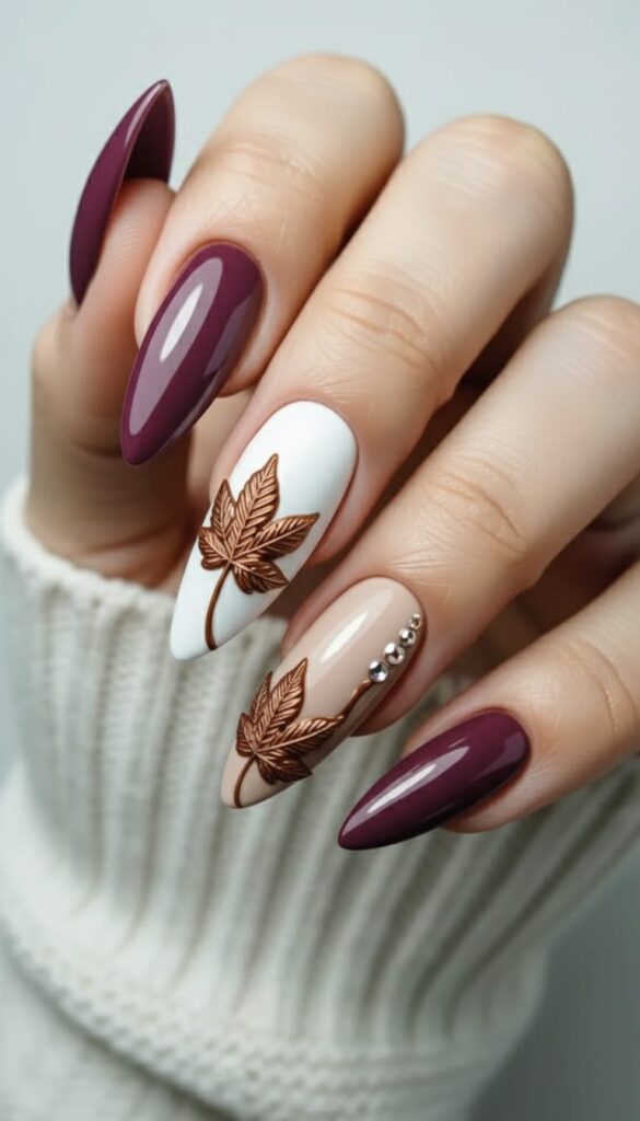 Burgundy & 3D Bronze Leaves