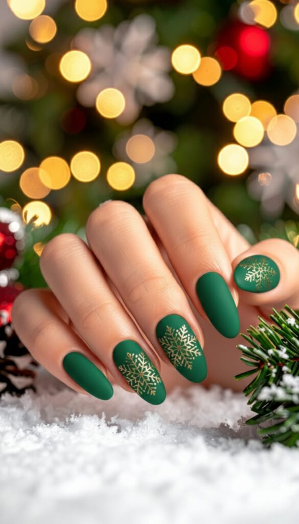 21 Christmas Nails Acrylic Ideas for 2025: Holiday Glam, Gen Z Style 3 Forest Green Matte with Gilded Snowflakes