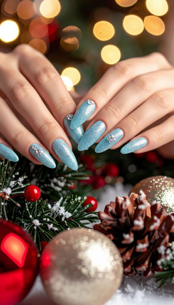 21 Christmas Nails Acrylic Ideas for 2025: Holiday Glam, Gen Z Style 4 Icy Blue Glitter Stiletto with Crystal Snowdrifts