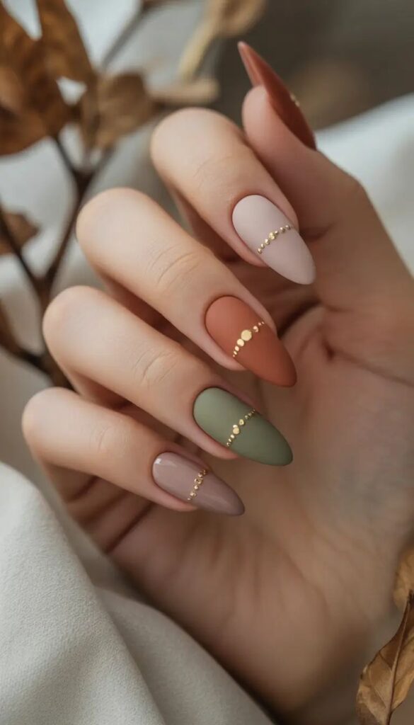 Matte Autumn Multicolor Almond Nails with Gold Accents