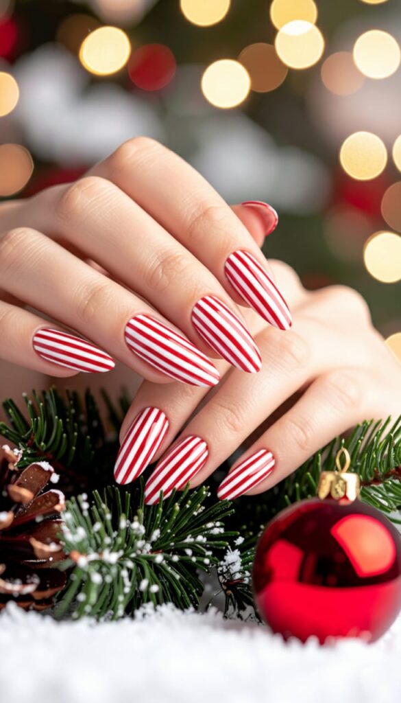 21 Christmas Nails Acrylic Ideas for 2025: Holiday Glam, Gen Z Style 2 Peppermint Stripe Stiletto